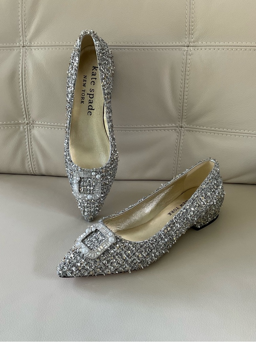 Kate Spade Buckle Up Tweed Metallic Multi Flats, Size 9 B